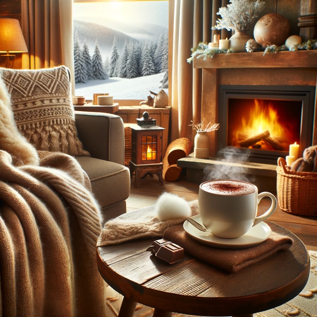 A warm living room with a fireplace, comfy armchair, woolen blanket, and a cup of hot chocolate on a side table, with a snowy scene outside the window.