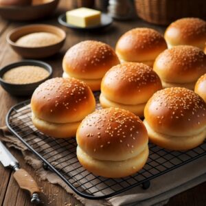 A batch of freshly baked burger buns on a cooling rack. The buns are golden-brown with a soft, fluffy texture. Some buns have sesame seeds sprinkled on top. The background features a rustic kitchen setting with a wooden table, a small bowl of sesame seeds, and a stick of butter.