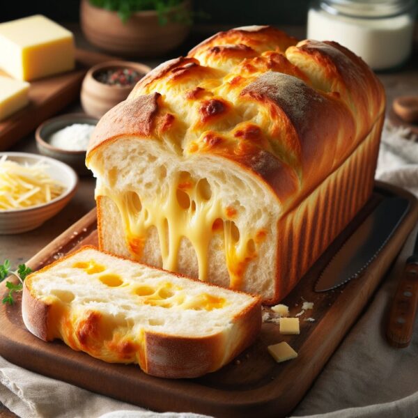 A loaf of freshly baked cheese bread on a wooden cutting board. The bread has a golden-brown crust with melted cheese bubbling on top. Slices of the bread reveal a soft, fluffy interior with pockets of gooey cheese throughout. The background features a rustic kitchen setting with a few ingredients like cheese, butter, and herbs.