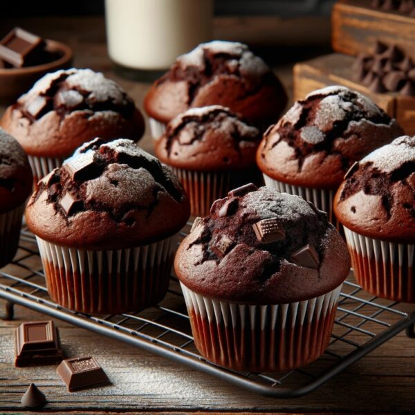 A batch of freshly baked chocolate muffins on a cooling rack. The muffins are rich and moist, with a deep chocolate color and chunks of melted chocolate peeking through the tops. Some muffins are sprinkled with powdered sugar. The background features a rustic wooden table with a few scattered chocolate chips and a glass of milk.