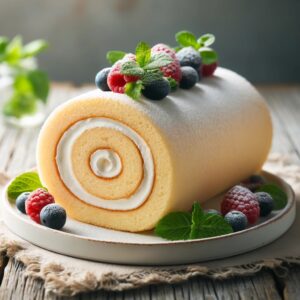 A beautifully decorated roll cake on a white plate, showcasing a spiral of light sponge cake filled with creamy filling. The cake is garnished with fresh berries, mint leaves, and a dusting of powdered sugar, creating an elegant and appetizing appearance. The background features a simple, rustic wooden table, adding to the homemade charm of the scene.