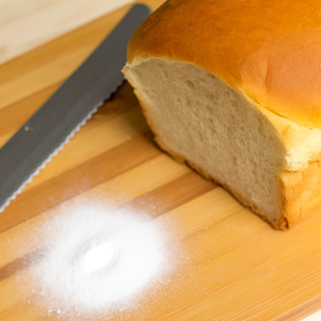 A close-up of a freshly baked loaf of bread with a golden crust and soft, airy interior on a wooden cutting board.
