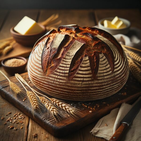 A freshly baked German sourdough bread (Sauerteigbrot) with a deep brown crust, sitting on a wooden cutting board. The bread has a rustic, artisanal appearance with slashes on the top and a chewy texture visible in the sliced pieces. Surrounding the bread are a few stalks of wheat and a small dish of butter.